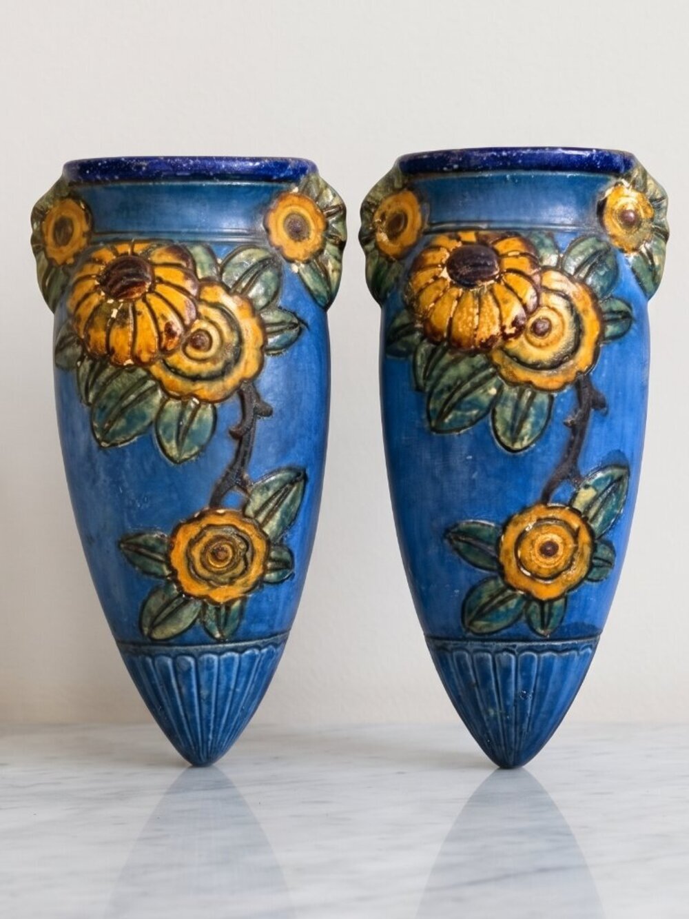 Vintage Japan Floral Wall Pocket Vase Pair Blue Yellow Cottagecore Folk Art 8.25
